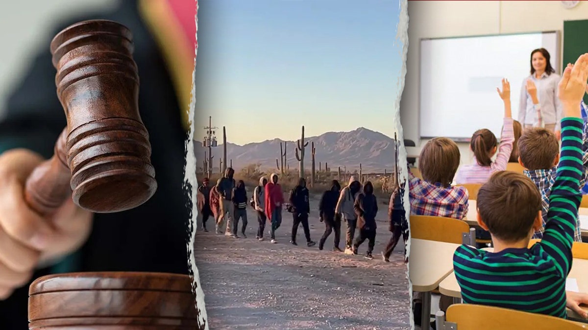 photo montage: gavel, migrants, and classroom from l-r