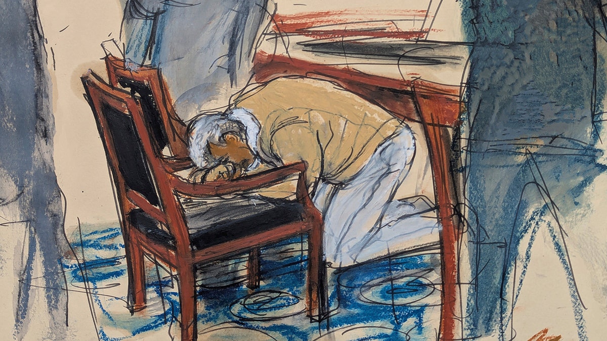 Sketch of P. Diddy kneeling in court.