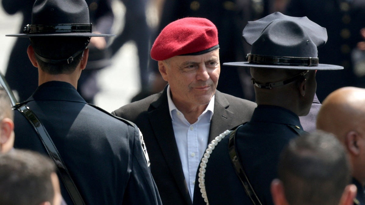 Curtis Sliwa arrives for the funeral services for New York City Police Department (NYPD) officer Didarul Islam in the Bronx borough of New York City on July 31, 2025. 