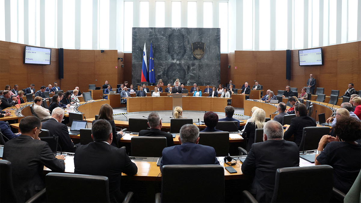 Slovenian Prime Minister Robert Golob speaks before parliament