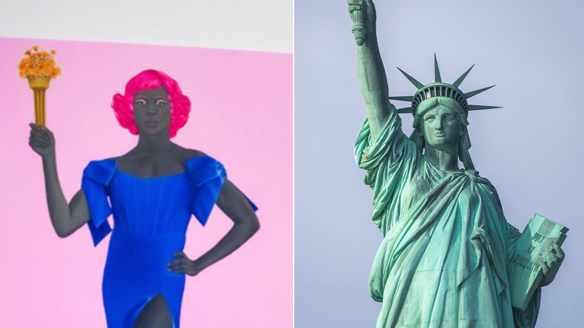 Trans Statue of Liberty painting next to real Statue of Liberty