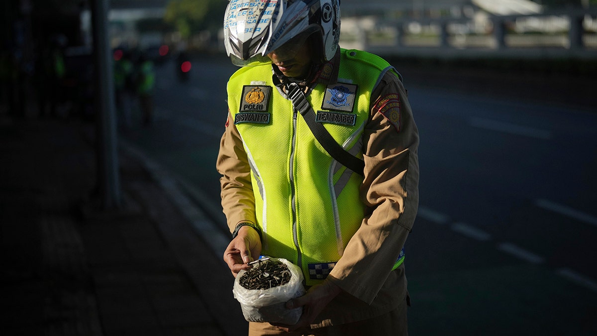 Metal 'tire traps' plague Jakarta streets as community launches cleanup effort 1 Siswanto, a member of a volunteer group called 'Team Saber', an abbreviation of Indonesian words 'Sapu Bersih' or 'Clean Sweep', shows nails and other sharp metal collected from a street in Jakarta, Indonesia, Saturday, May 17, 2025. (AP Photo/Dita Alangkara)