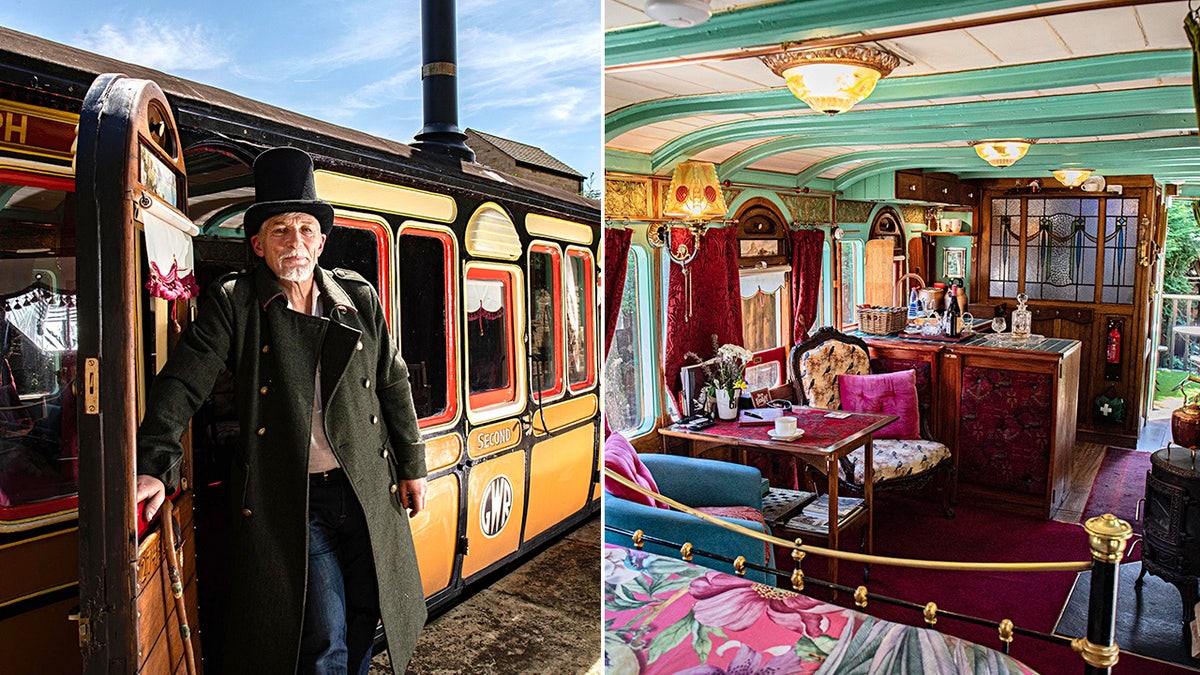 Nigel Brooke who lives in old railway station in Delph, Saddleworth, has refurbised an old classic train carriage in his garden and turned it into an Airbnb. See SWNS copy. 11/07/25