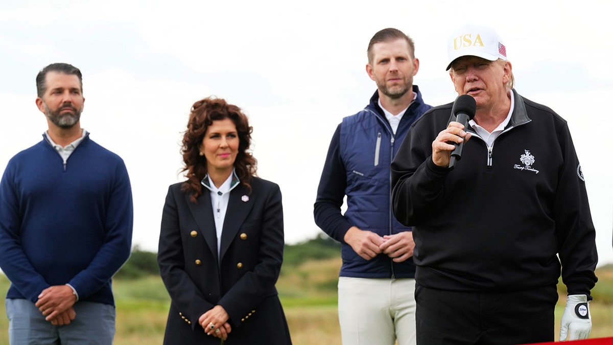Trump speaks at Aberdeen, Scotland, with his sons and an executive