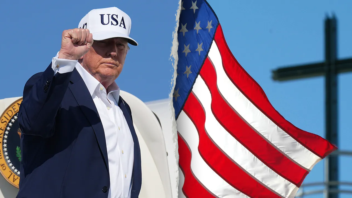 Trump pumping fist, left; US flag, cross, right