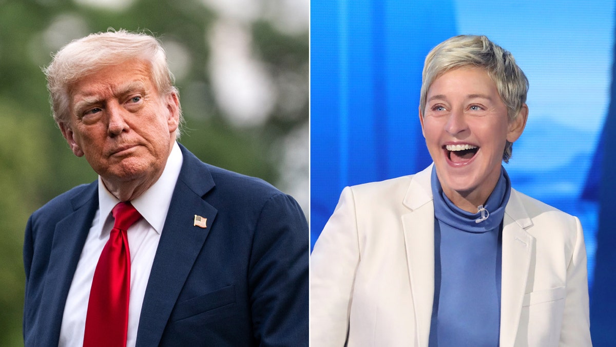 Donald Trump wears blue suit, Ellen DeGeneres wears white suit.