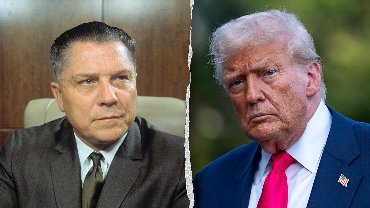 A split image of former Teamsters president Jimmy Hoffa and President Trump