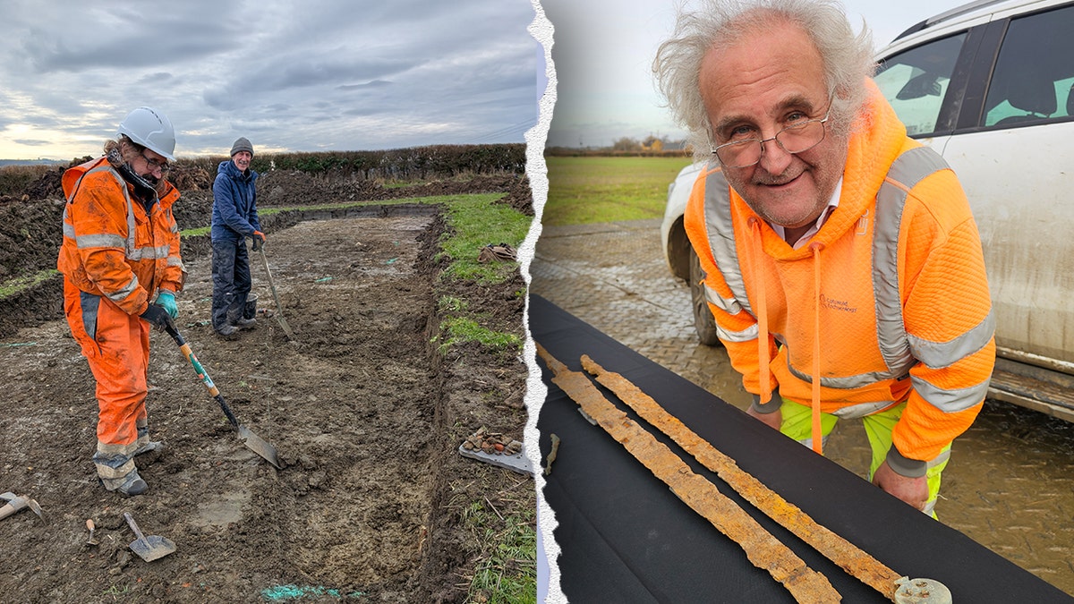 Split image of archaeologists digging next to metal detectorist