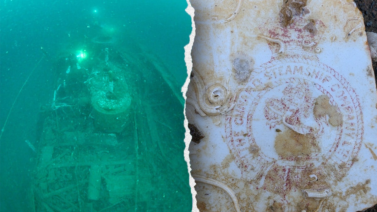 Split image of Nantes wreck, Cunard logo