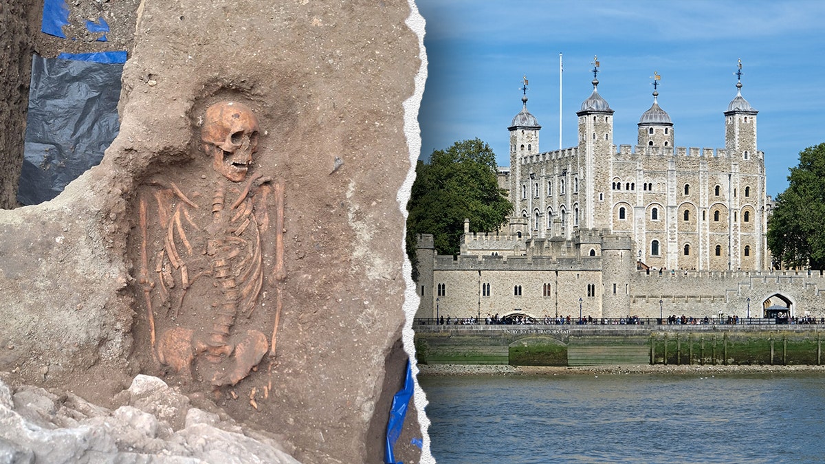 Split image of skeleton, Tower of London