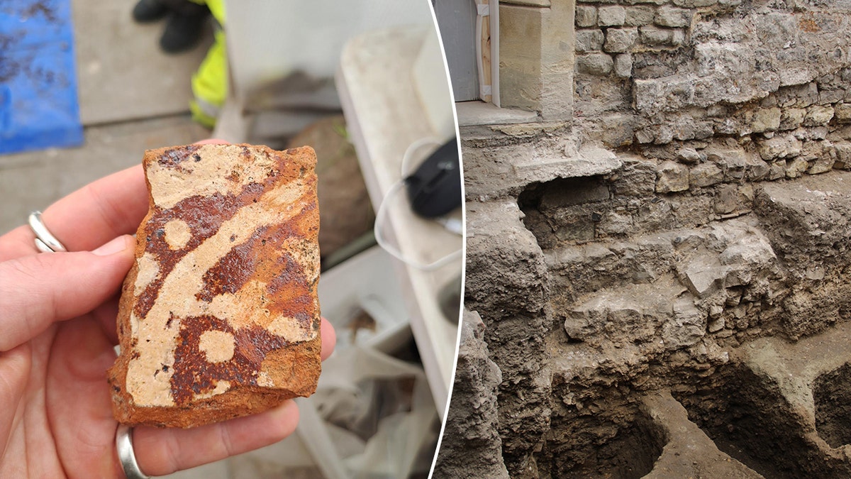 Split image of medieval tile, building foundation