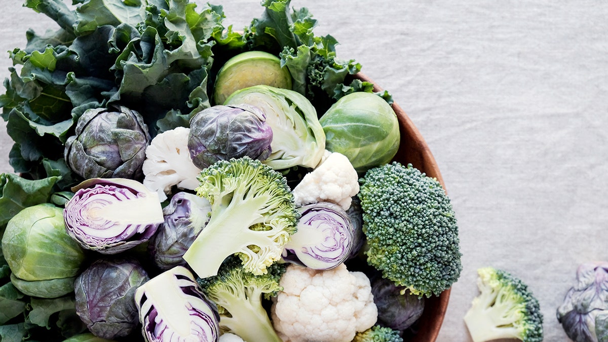 Cruciferous vegetables including brussels sprouts, broccoli, and cauliflower.