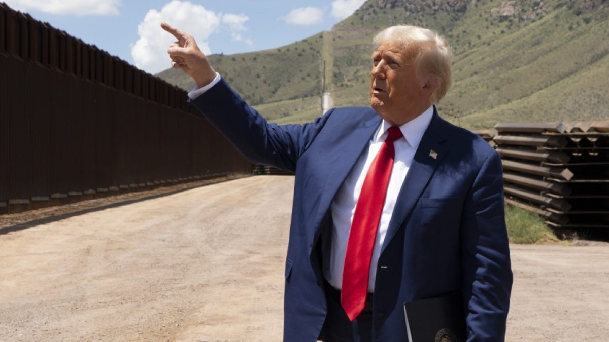 SIERRA VISTA, ARIZONA - AUGUST 22: President Donald Trump walks along the U.S.-Mexico border on August 22, 2024 south of Sierra Vista, Arizona. Trump will hold a rally in Glendale, Arizona tomorrow. (Photo by Rebecca Noble/Getty Images)