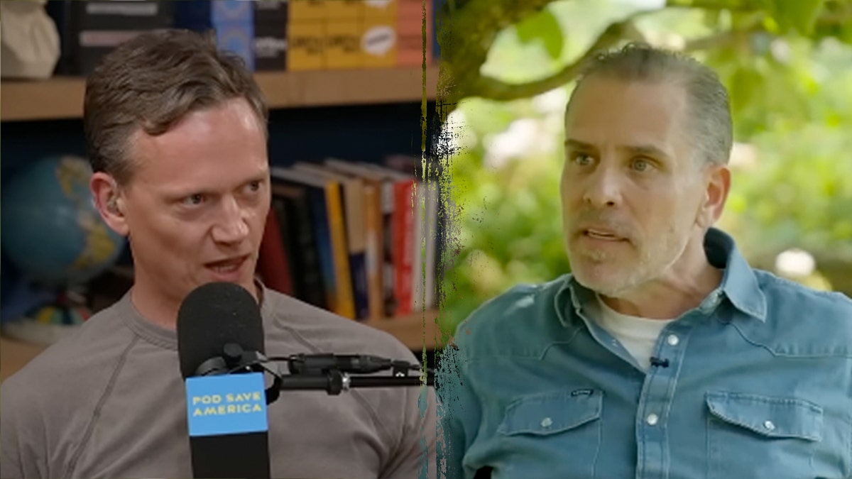 Pod Save America host Tommy vietor talking in microphone, Hunter Biden looking angry