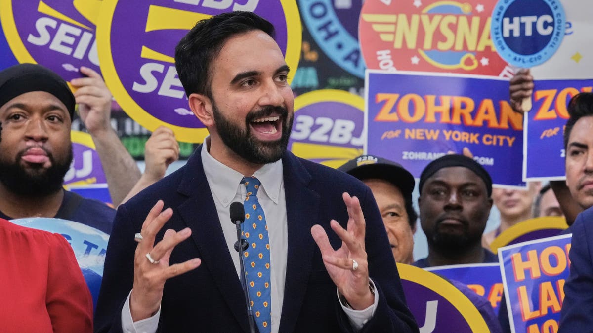 Democrat mayoral candidate Zohran Mamdani speaks during a rally at the Gaming Trades Council headquarters in New York on Wednesday, July 2, 2025.