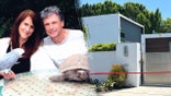 Robin Kaye and her husband, Thomas Deluca, left, appear in an undated Facebook photo. Right, crime tape is seen outside their Encino, California, home on July 15, 2025.