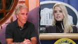Jeffrey Epstein sits on purple couch (left) and AG Pam Bondi speaks from a podium (right)