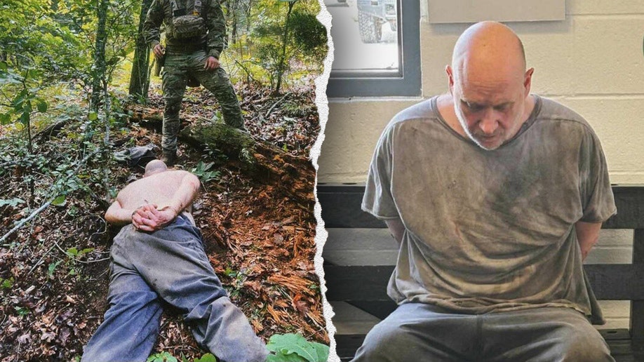 A split image of Grant Hardin being captured in a wooded area and Hardin sitting in a chair after his capture