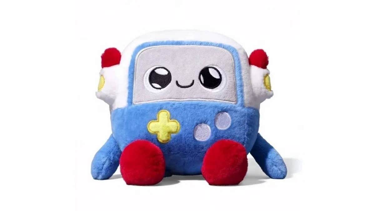 red, white, blue robot like stuffed animal