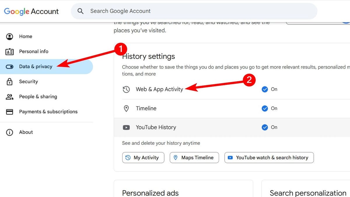 Navigating to the "Web & App Activity" settings page of a Google account.