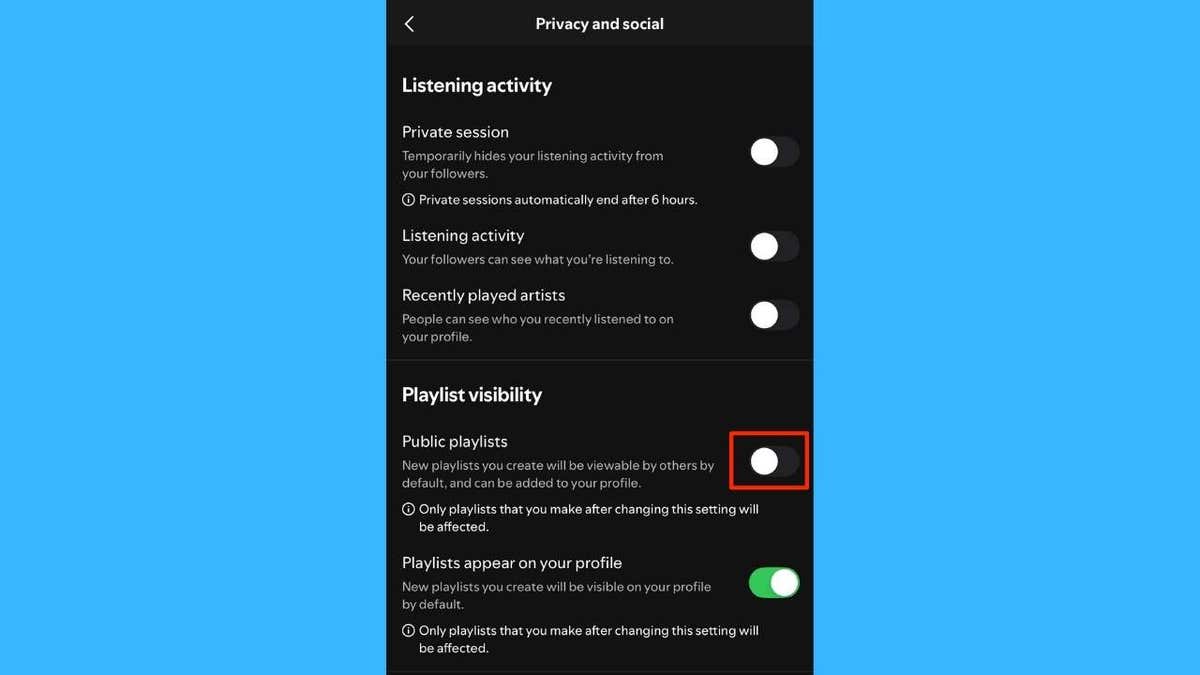 screenshot of settings on how to make spotify playlist private