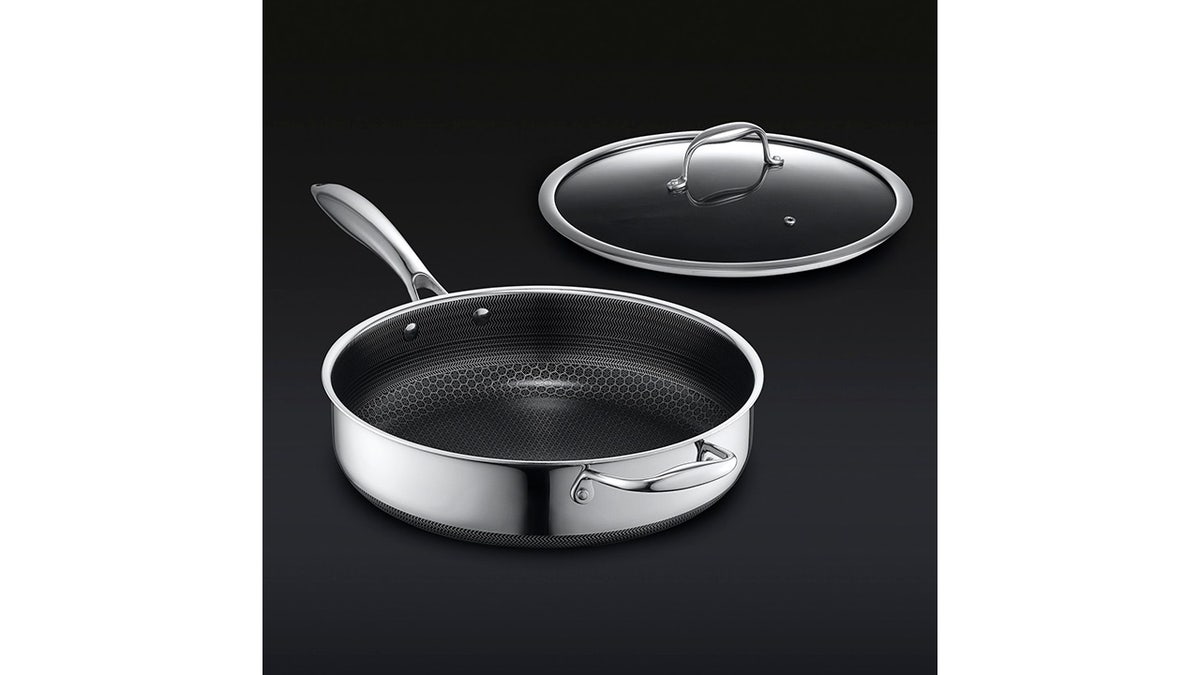A sauté pan has raised sides for less splatter.