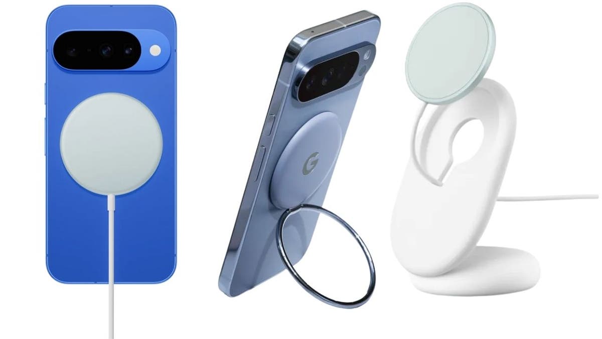 Google's Pixelsnap Charger, Pixelsnap Ring Stand and the Pixel Flex 67W Dual USB-C fast charger are seen against a white background.