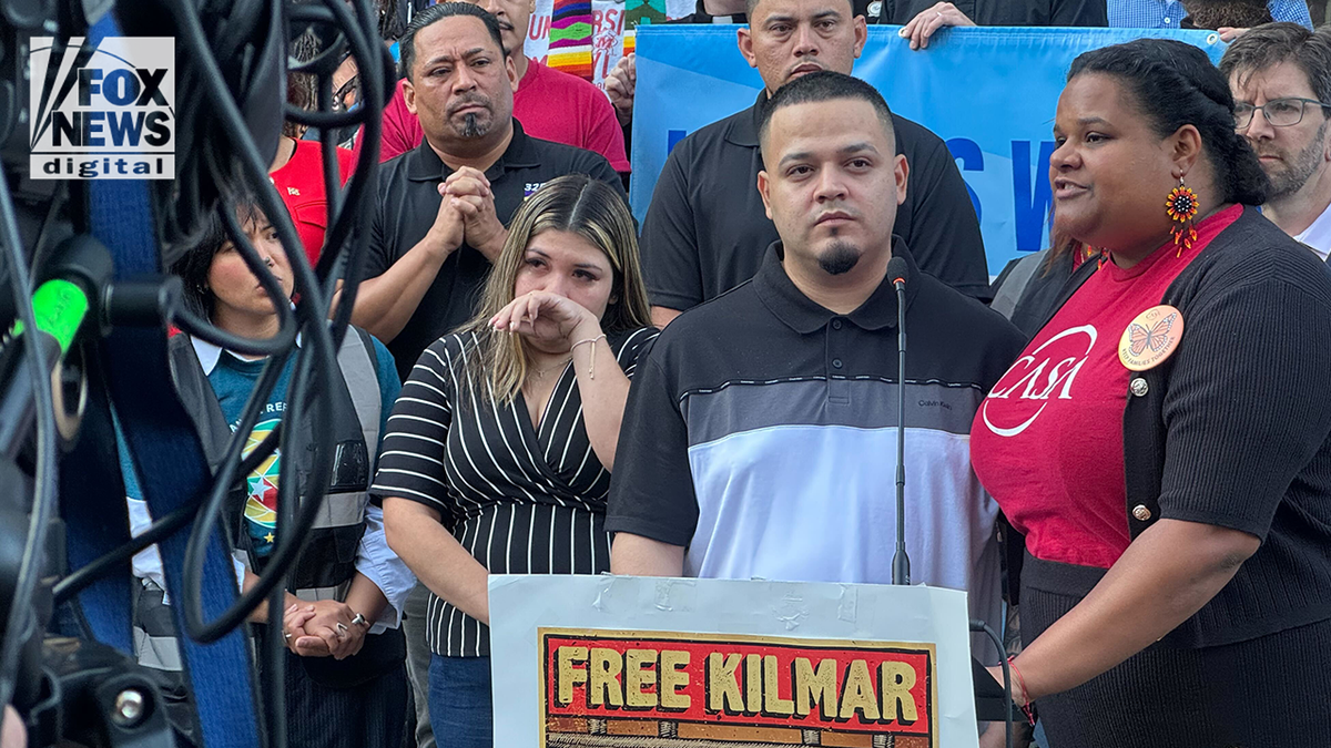 Kilmar Alago Garcia and his wife Jennifer speaks to supporters outside the Baltimore Square office, Maryland. (Breanne Deppisch/Fox News Digital)