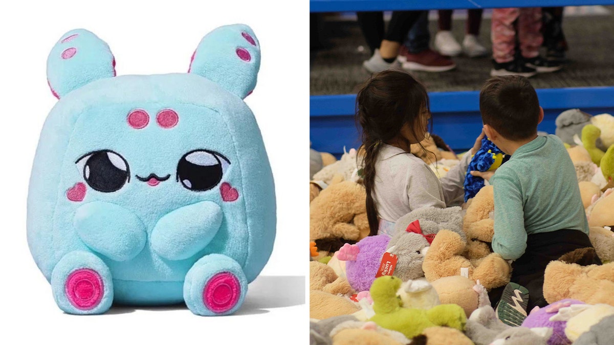 AI-powered plush toys may distrupt child development, experts warn 1 split photo of blue AI stuffed animal and kids playing with stuffed animals