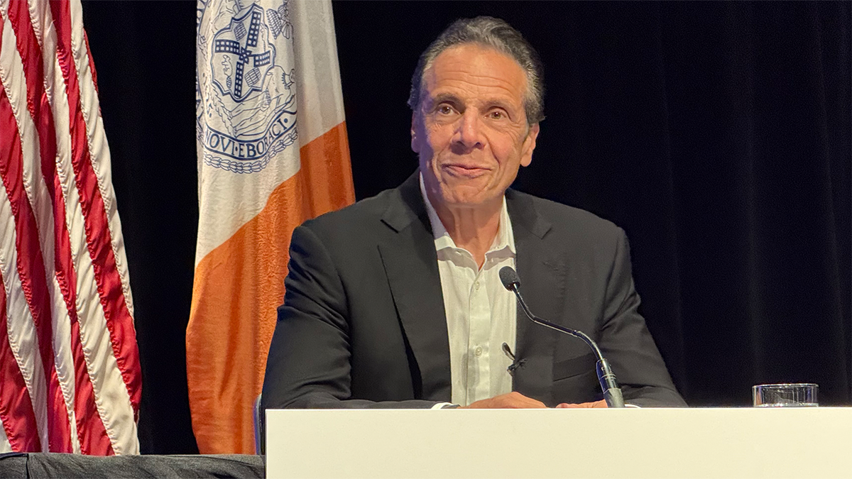 The former candidate of New York town hall, former governor Andrew Cuomo, speaks with journalists on August 18, 2025 in New York