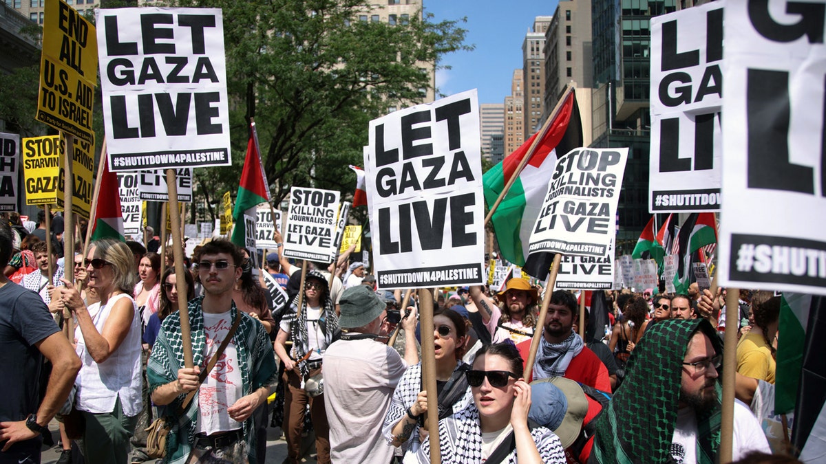 People gather during the "Stand with Gaza" protest at Bryant Park in New York on August 16, 2025.
