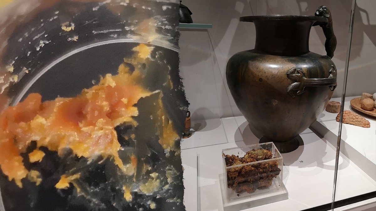 Split image of ancient honey, jar it was found in