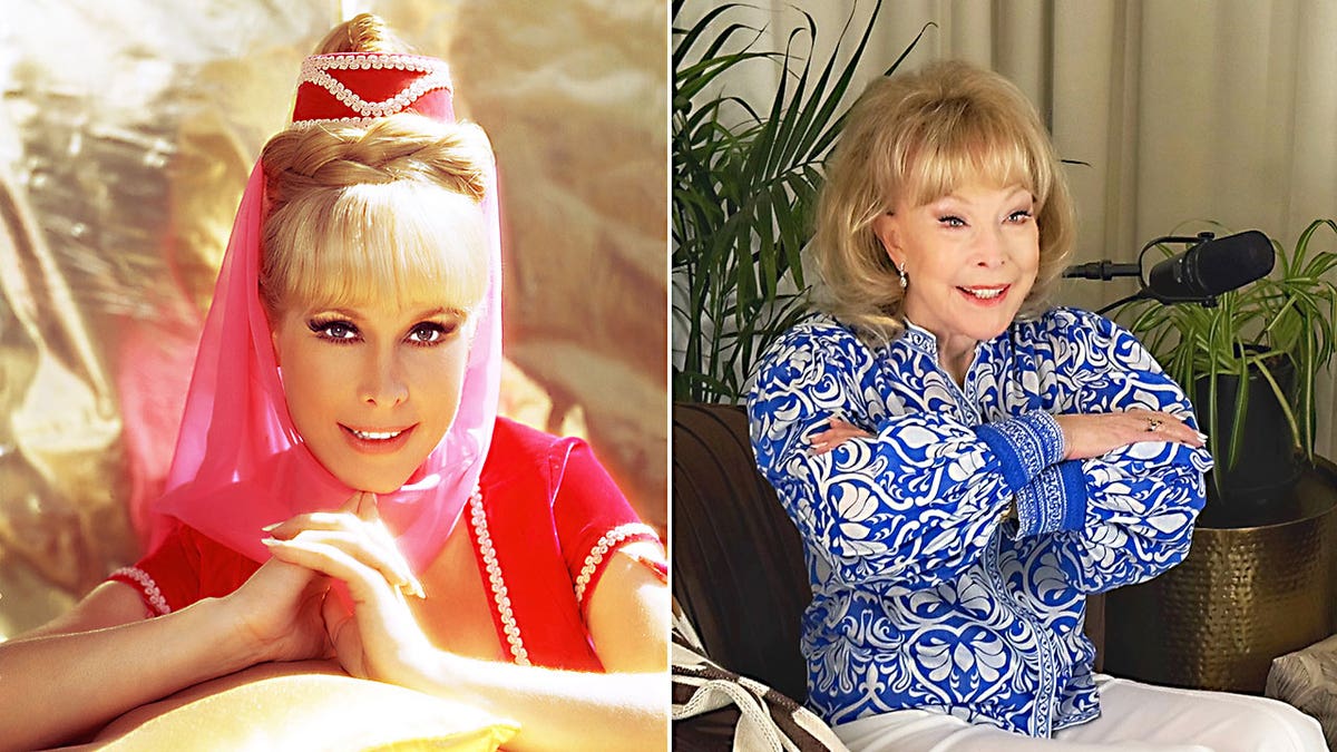 A split side-by-side image of Barbara Eden as Jeannie and Barbara Eden today.