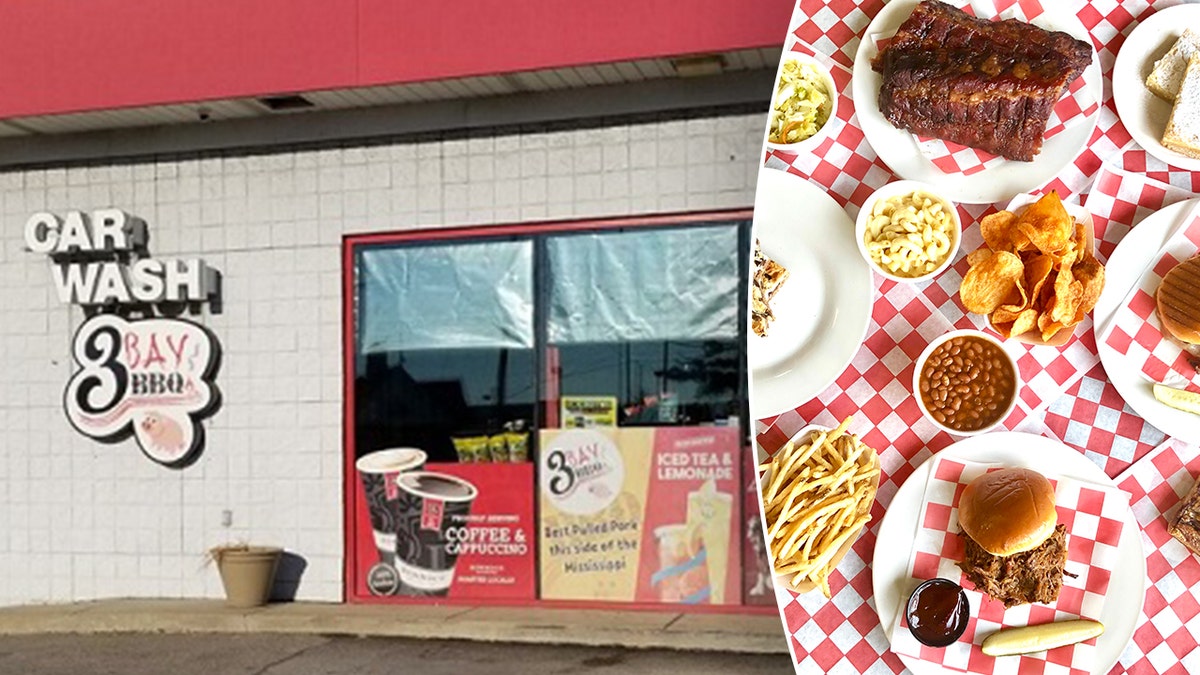 Split image of restaurant exterior, BBQ display
