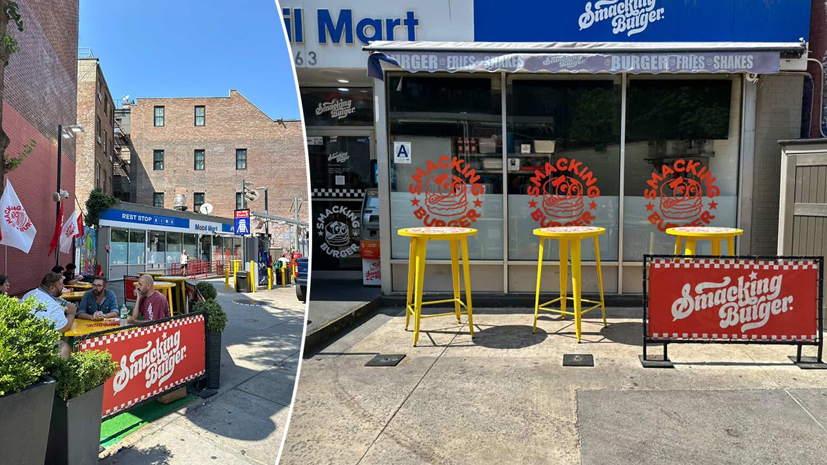 Split image of people eating outside Smashing Burger station