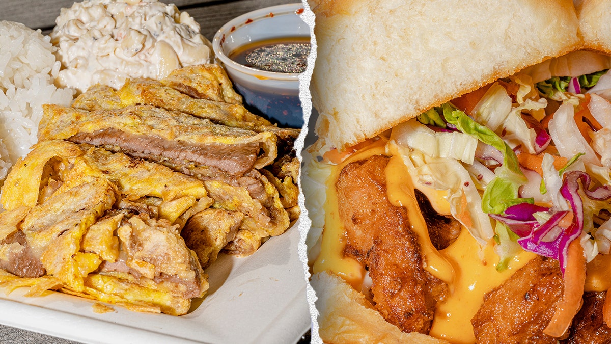 Split image of Hawaiian pork, katsu dish