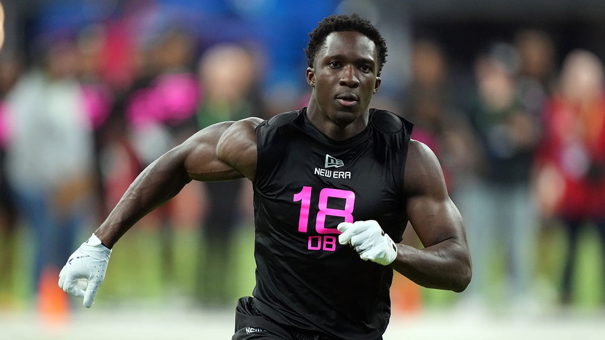 Bilhal Kone participates in a drill at the NFL Combine