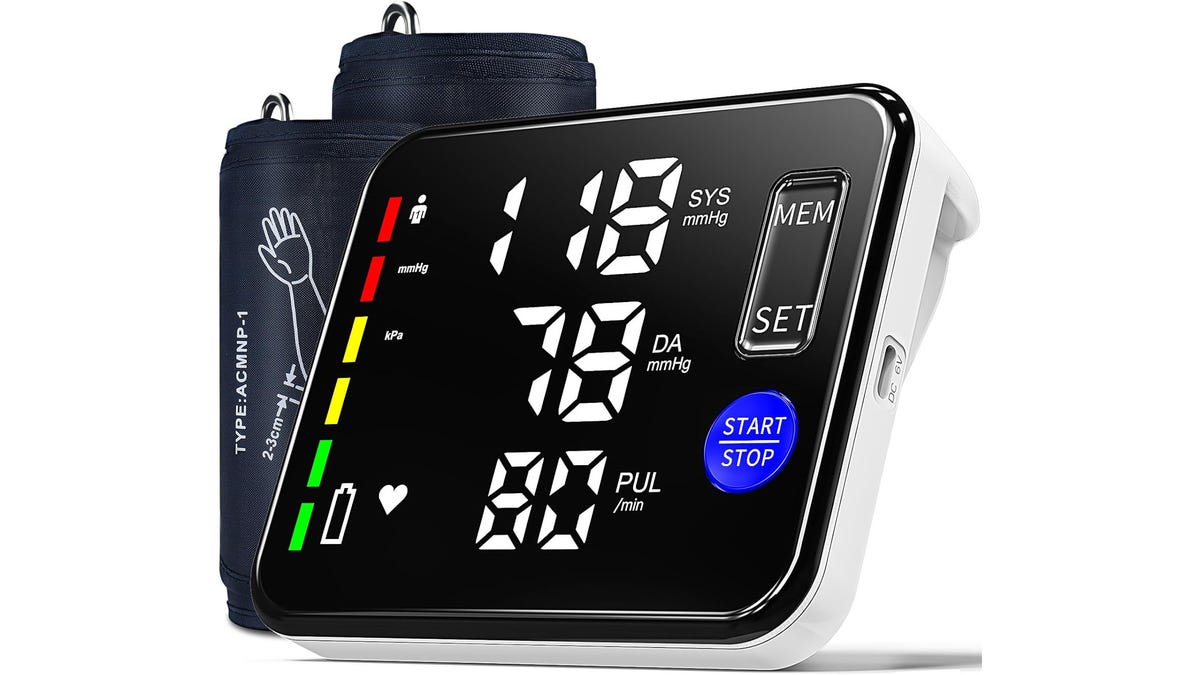 This monitor comes with a built-in rechargeable battery and a wide-range adjustable cuff.