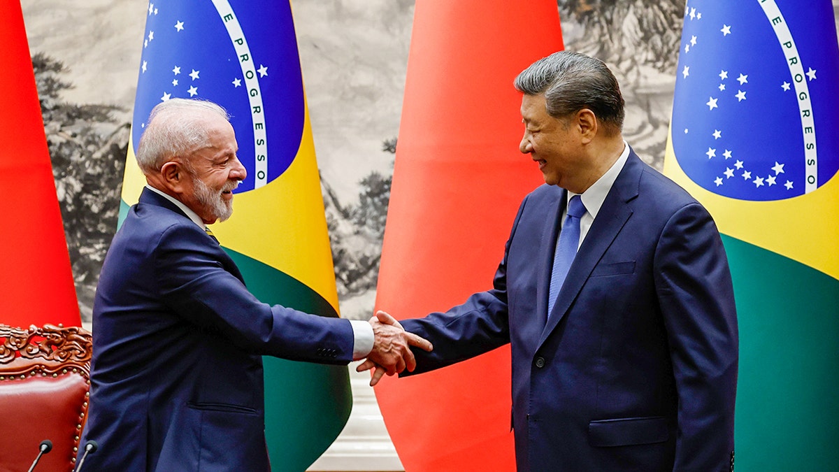 Brazilian President Luiz Inacio Lula da Silva shakes hands with Chinese President Xi Jinping