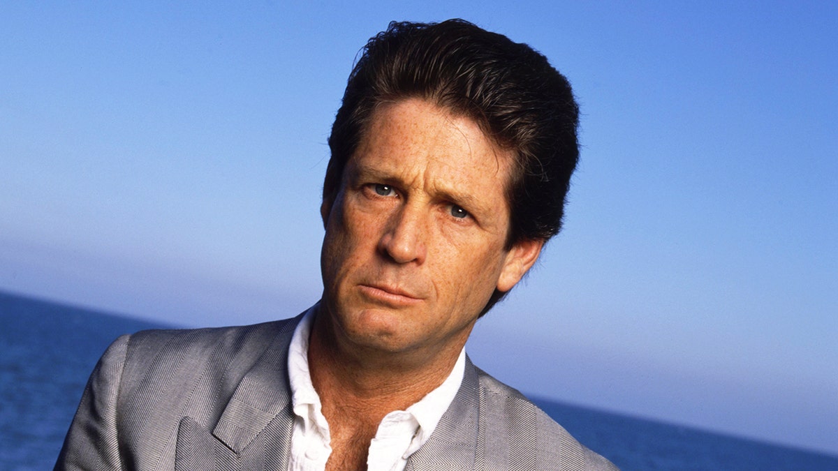布萊恩·威爾遜（Brian Wilson）的特寫鏡頭在沙灘上穿著灰色外套和一件白襯衫。