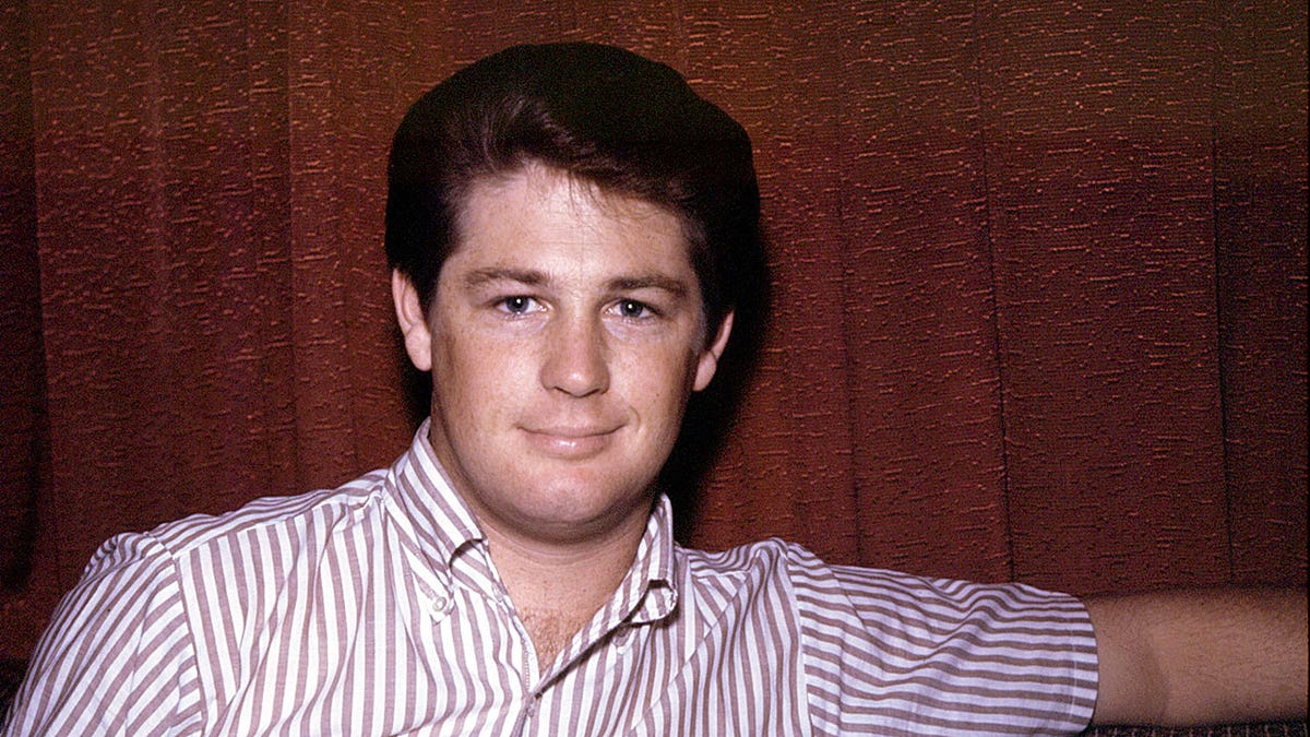 布萊恩·威爾遜（Brian Wilson），一個年輕的男人，穿著白色襯衫，圖案和微笑。