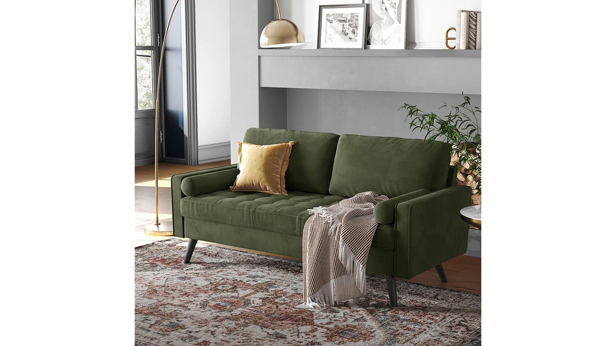 This velvet couch is comfortable and small, perfect for smaller living rooms or large bedrooms. 