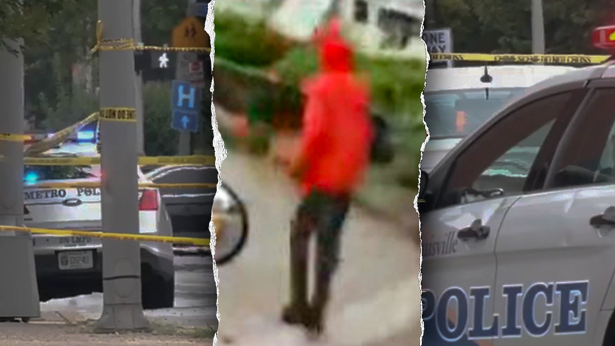 split image of man wearing red hoodie and black pants and police cars