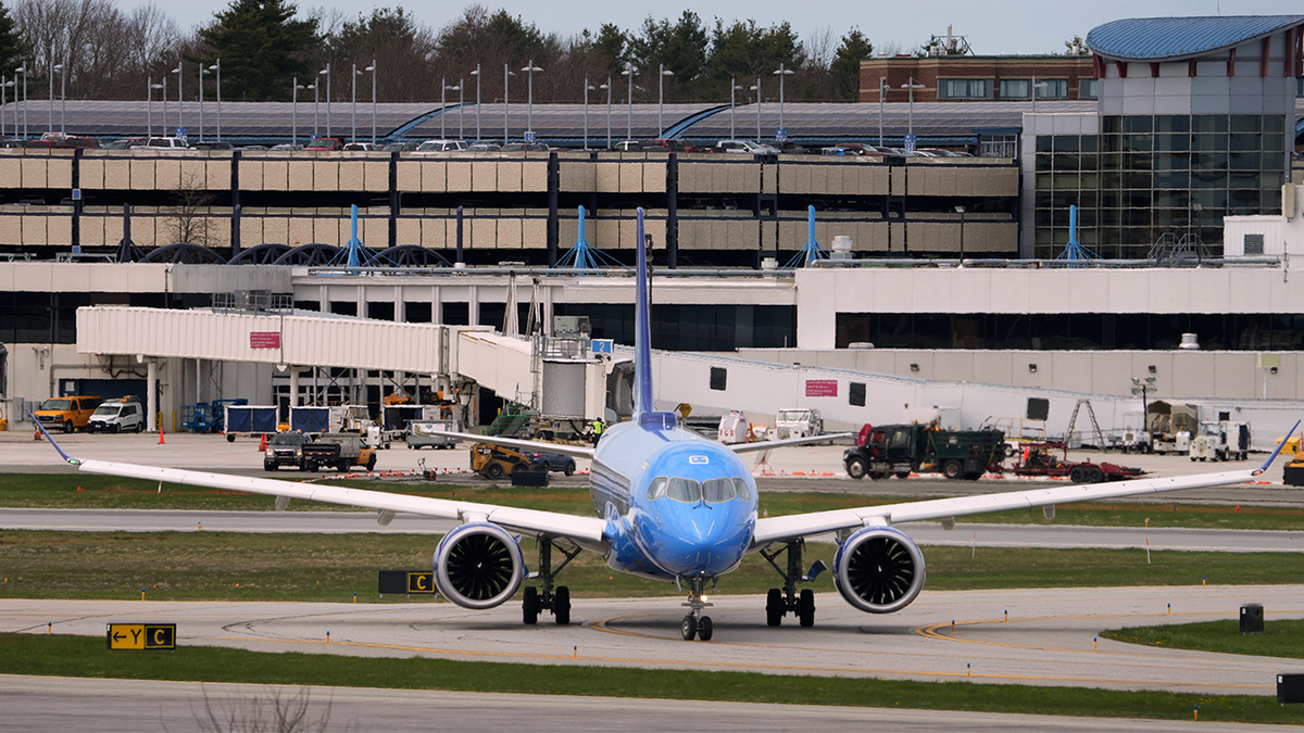 Breeze Airways flight 2725 to Fort Myers, Florida taxis to a takeoff runway at the Portland International Jetport on Monday, April 29, 2024. The Jetport is anticipating a 17-percent jump in passenger numbers this year, driven largely by expanding services offered by Breeze and Frontier Airlines.