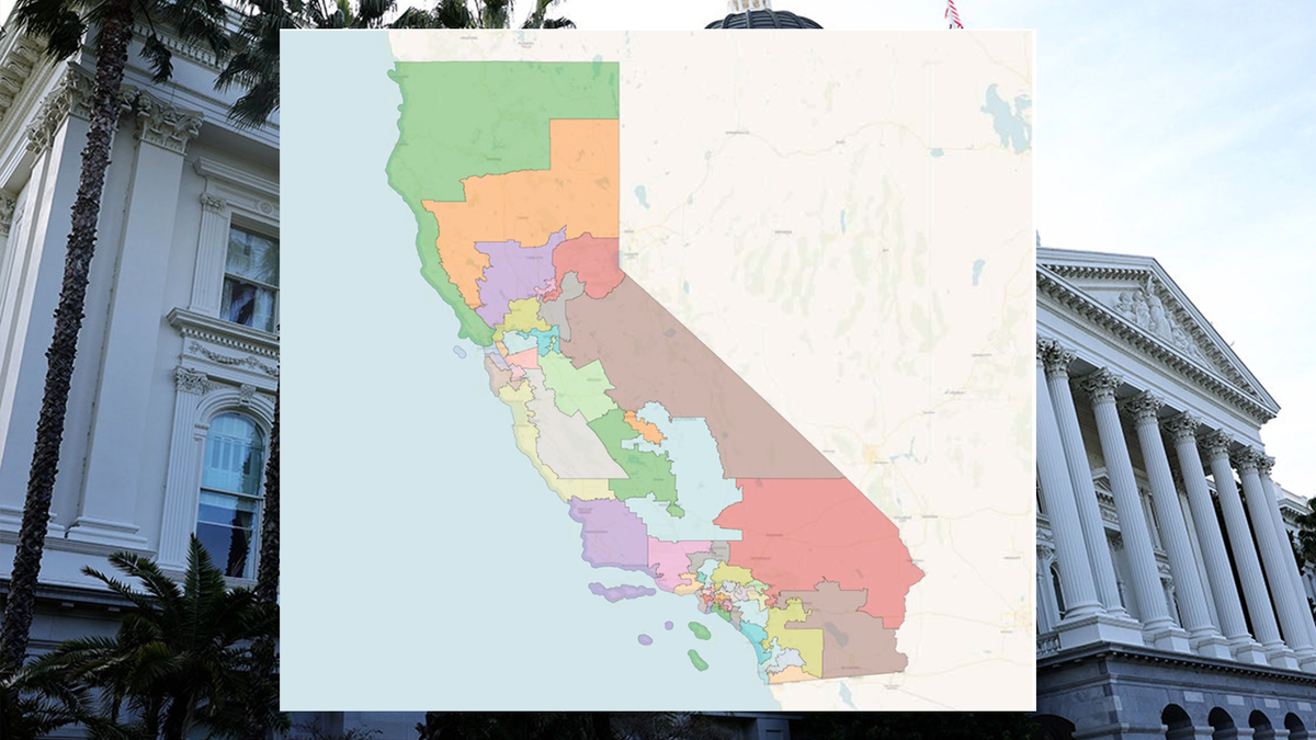 California proposed redistricting map and state capitol in background