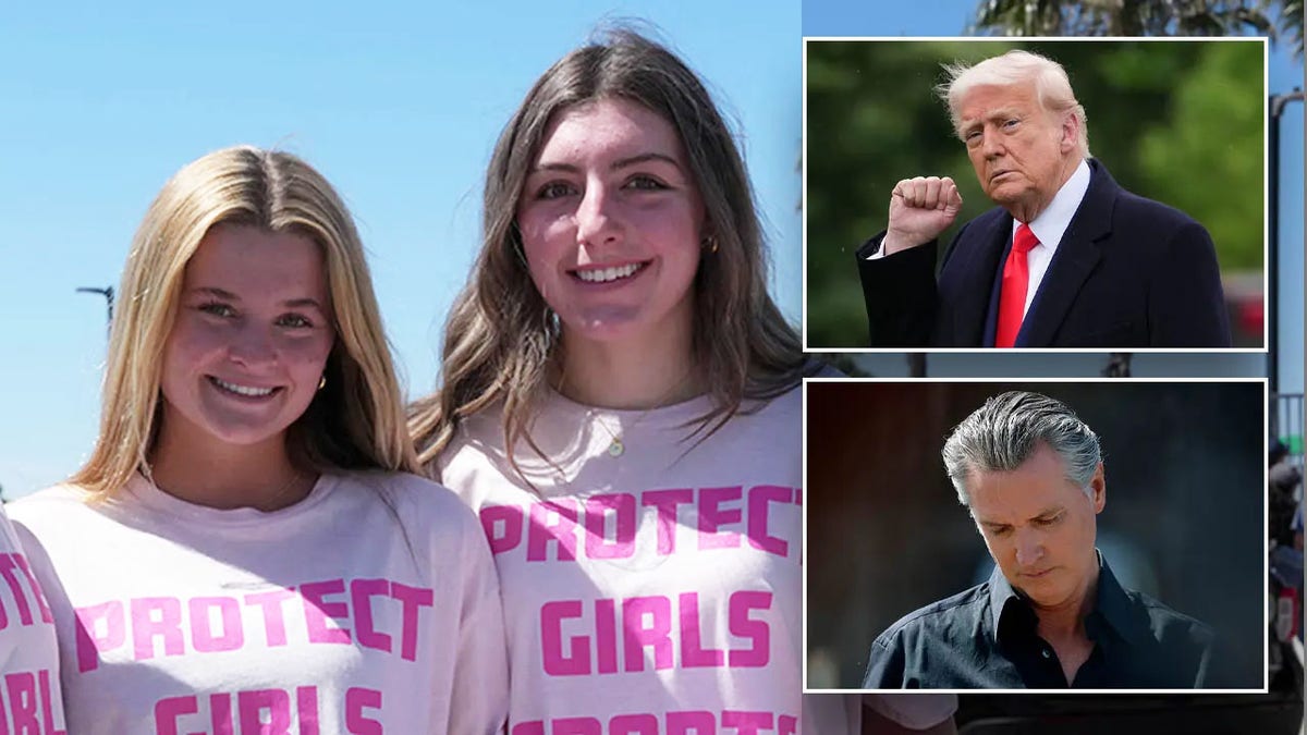 Girls wear "Protect girls sport" Shirts, Donald Trump and Gavin Newsom