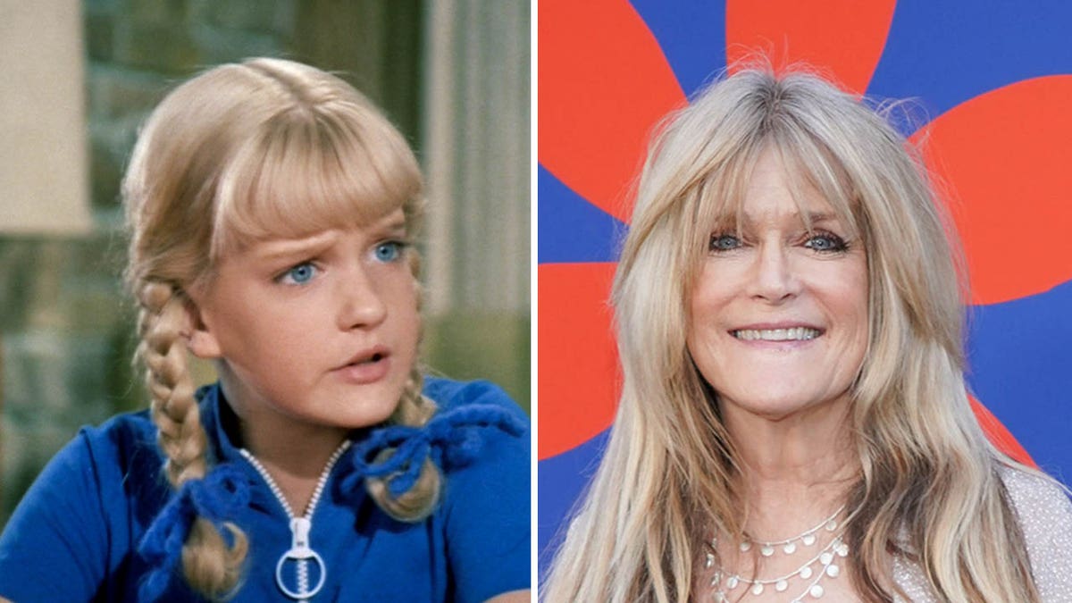 Susan Olsen in the Brady Bunch and in 2019.