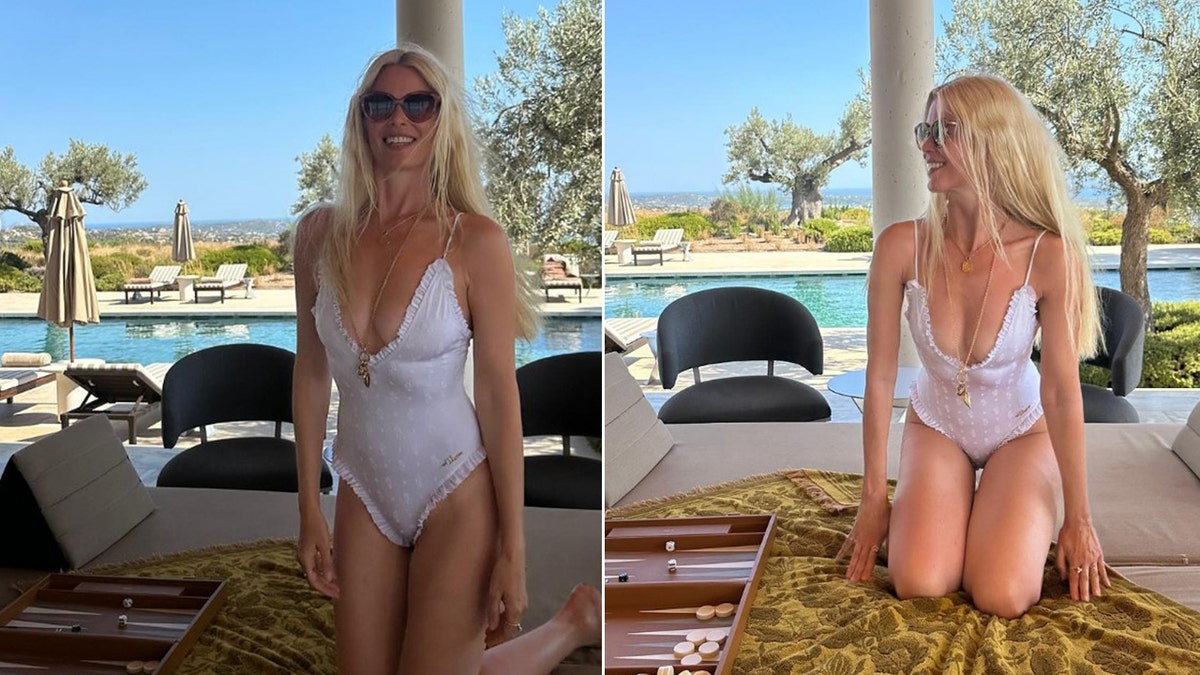 A split of model Claudia Schiffer lounging poolside as she wears a white one-piece swimsuit.
