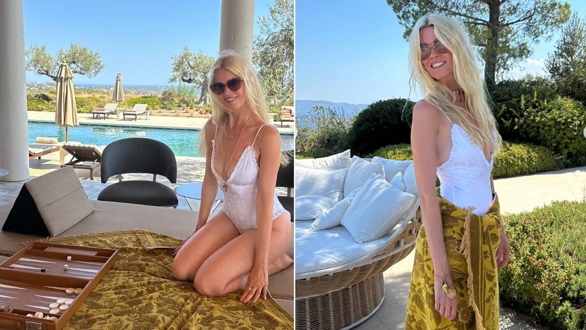 A split of Claudia Schiffer in a white one-piece bathing suit sitting poolside.
