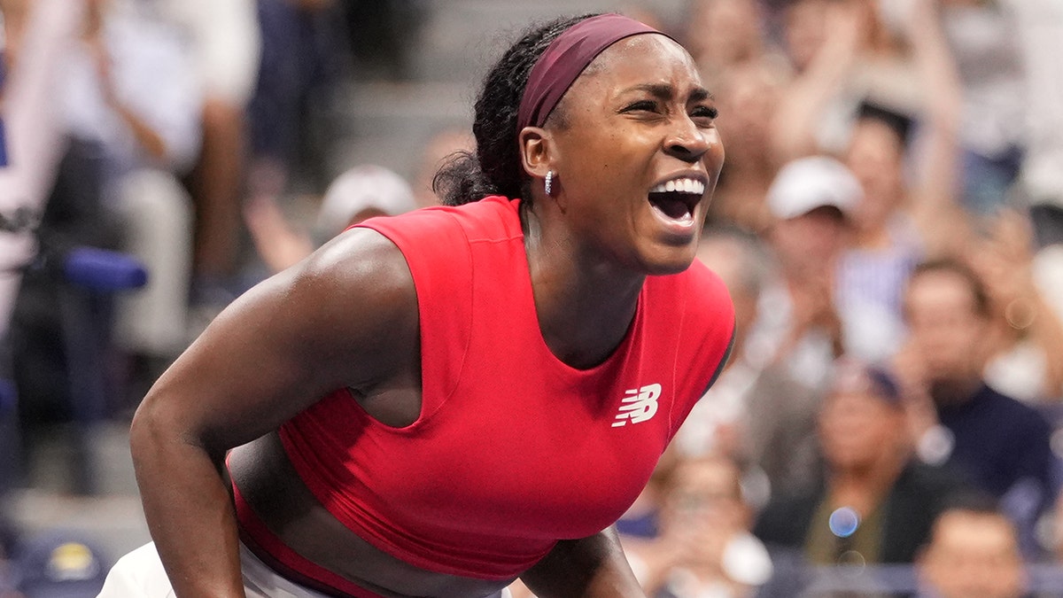 Coco Gauff reacts after point